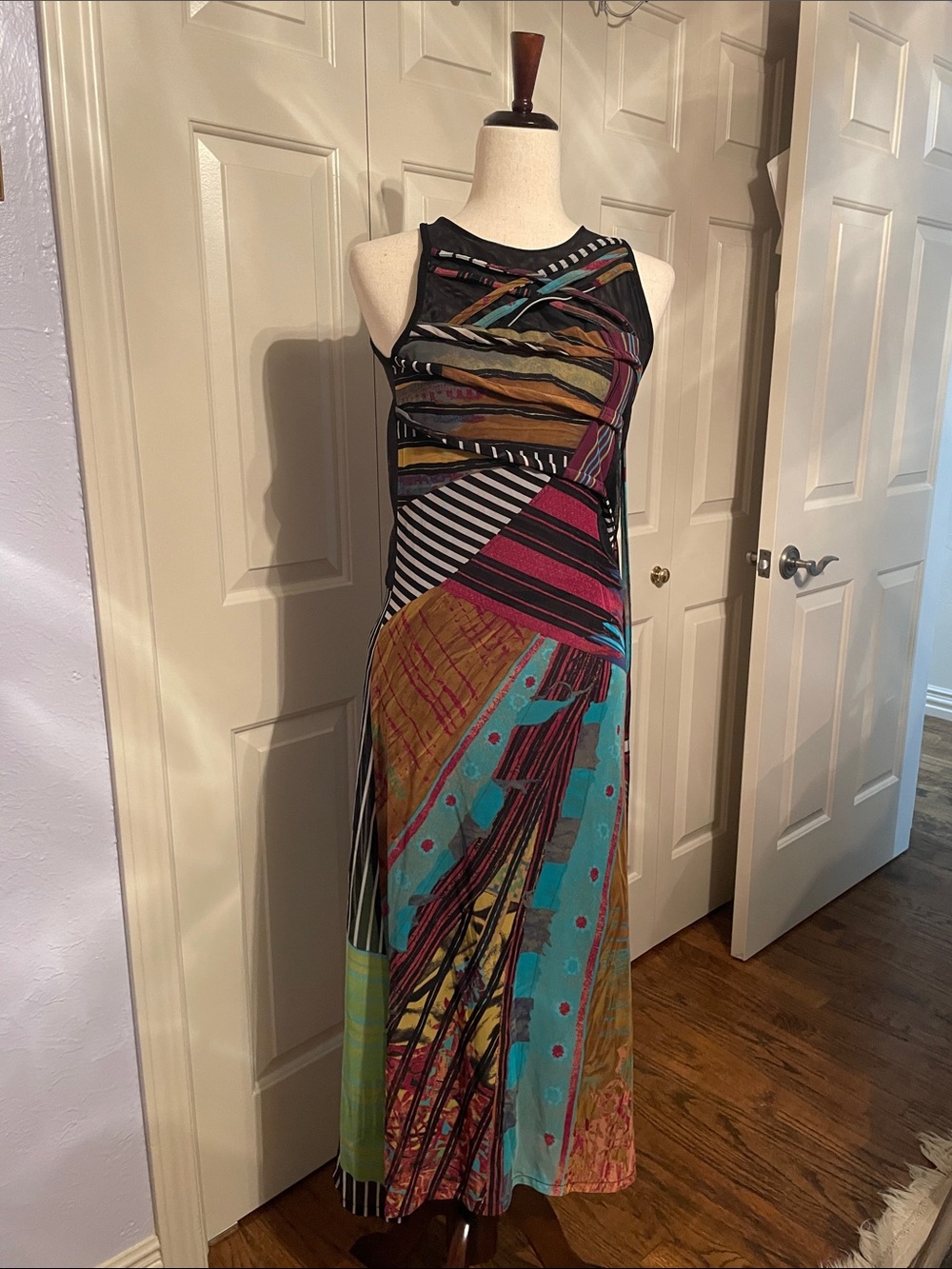 Save The Queen Multicolor Abstract & Stripe Maxi Dress with Teal Accents